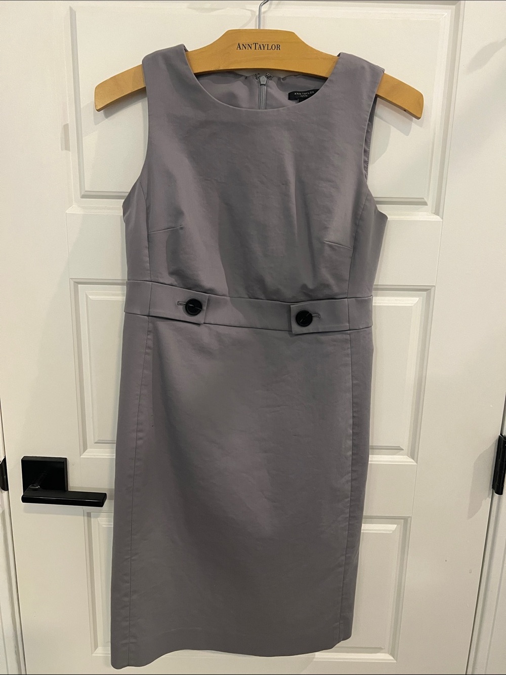 Ann Taylor Petite Gray Sleeveless Sheath Dress with Buttoned Waistband